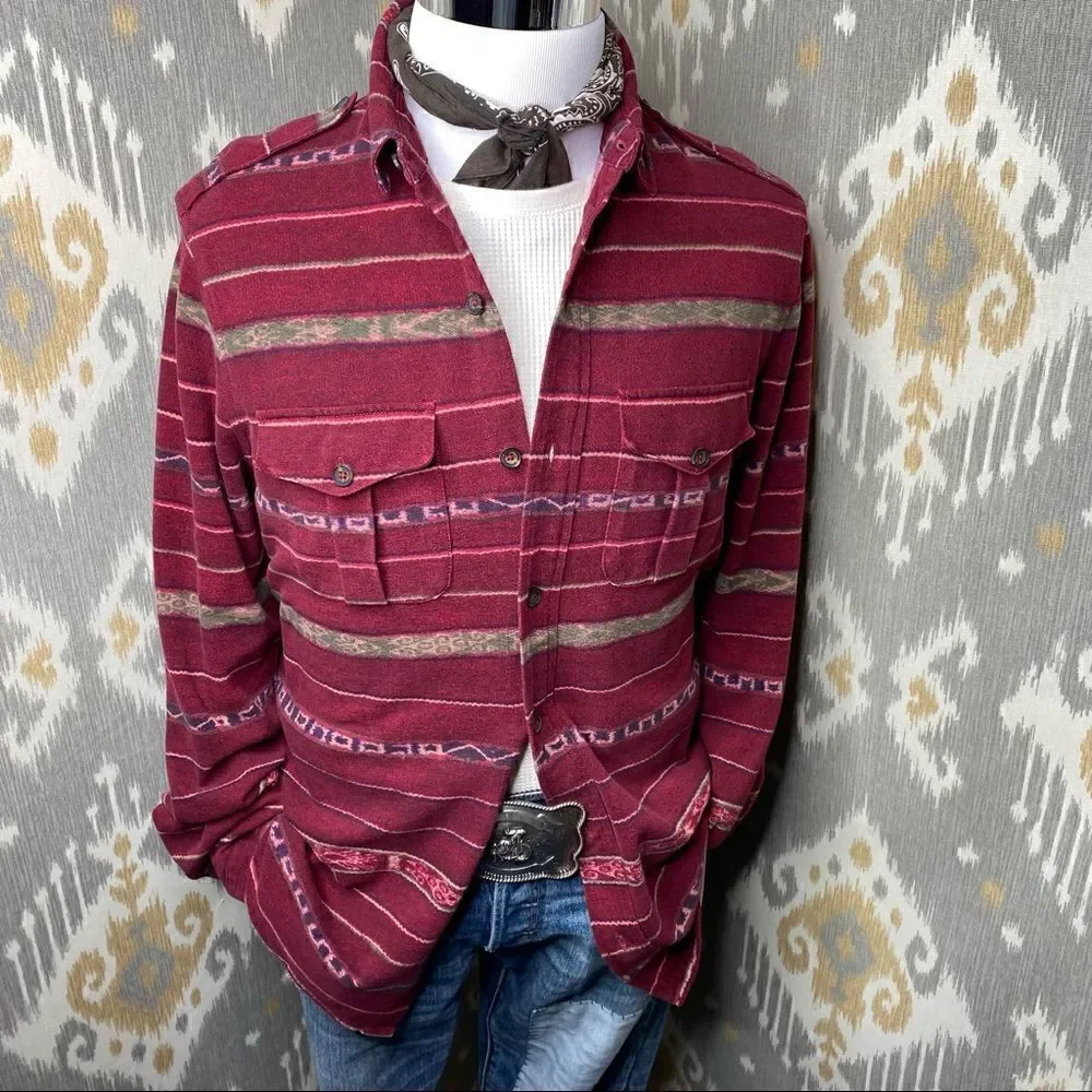Polo Ralph Lauren Southwest Red Desert Print Cotton Mesh Knit Button Up Shirt